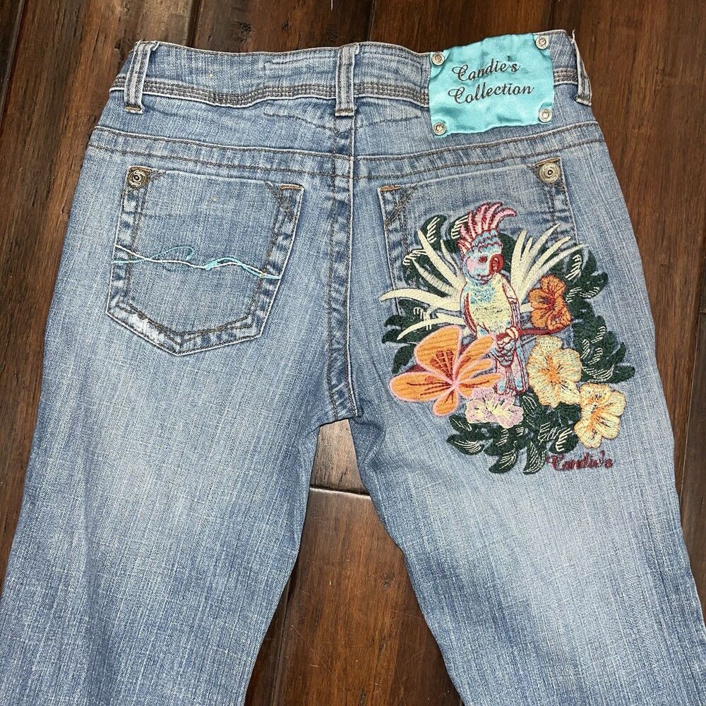 Vintage Y2K Candies Womens Parrot Embroidered Boho Flare Wide Leg Jeans Size 1